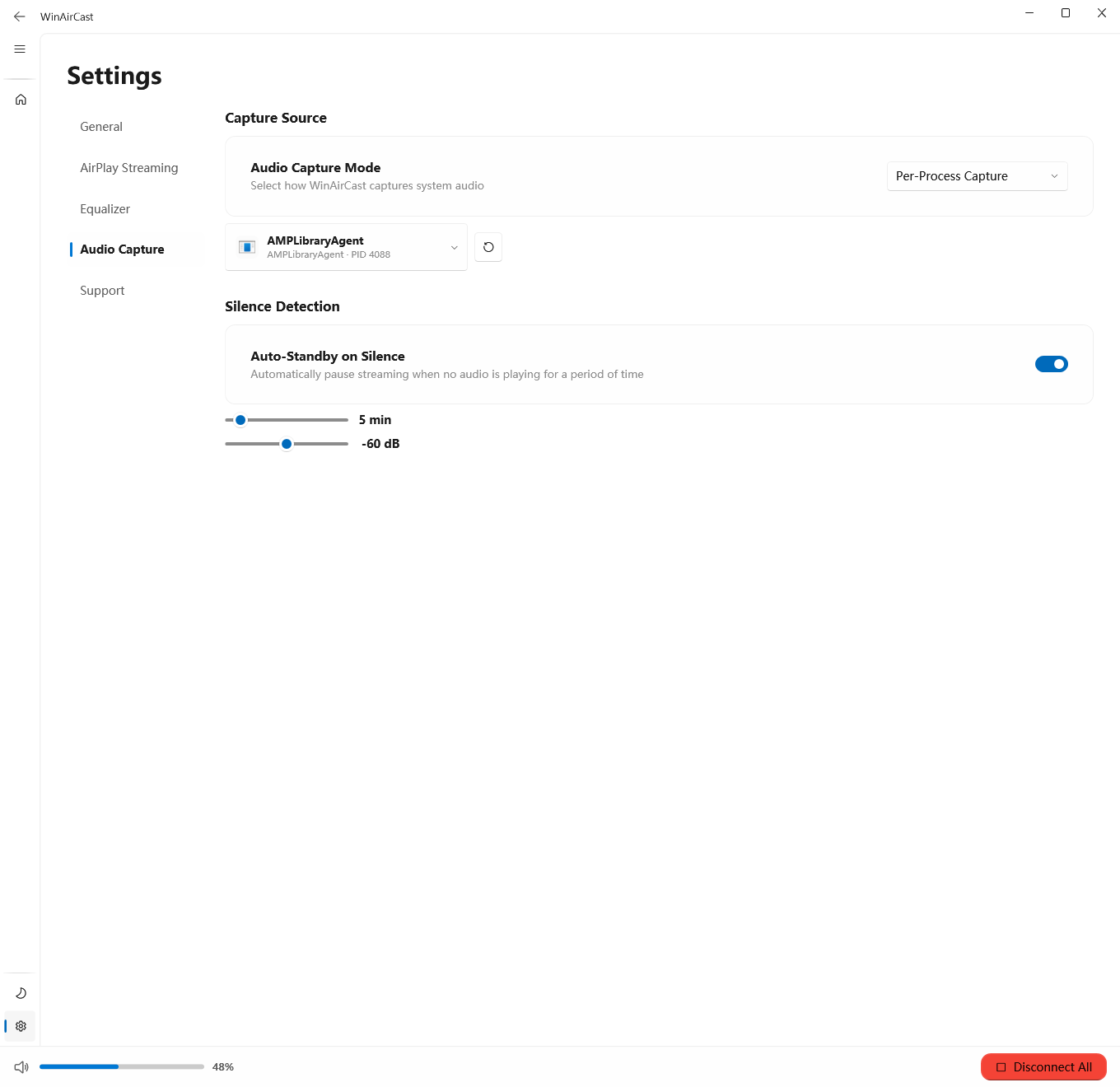 WinAirCast audio capture settings