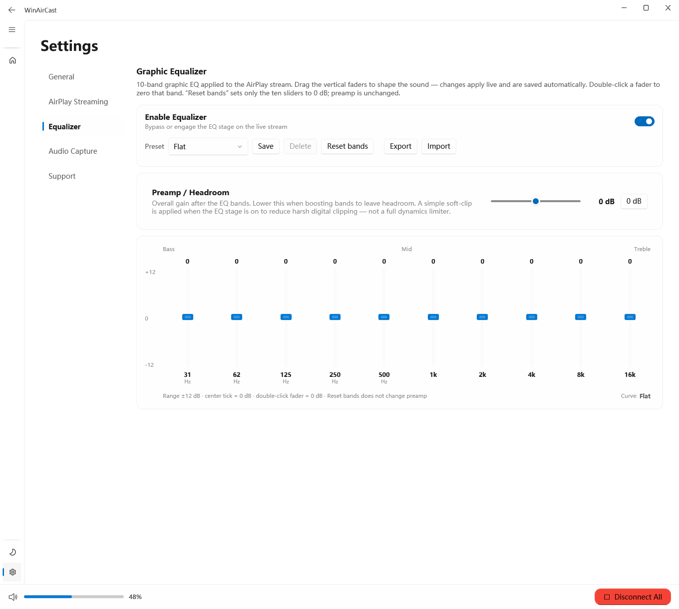 WinAirCast graphic equalizer settings