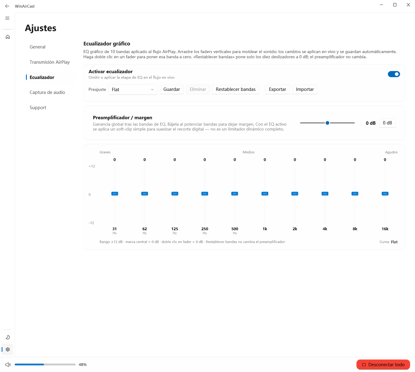 WinAirCast graphic equalizer settings