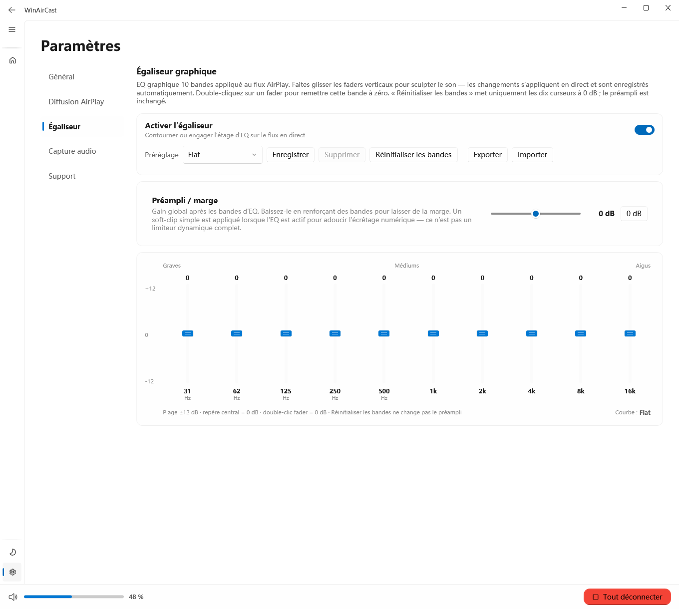 WinAirCast graphic equalizer settings