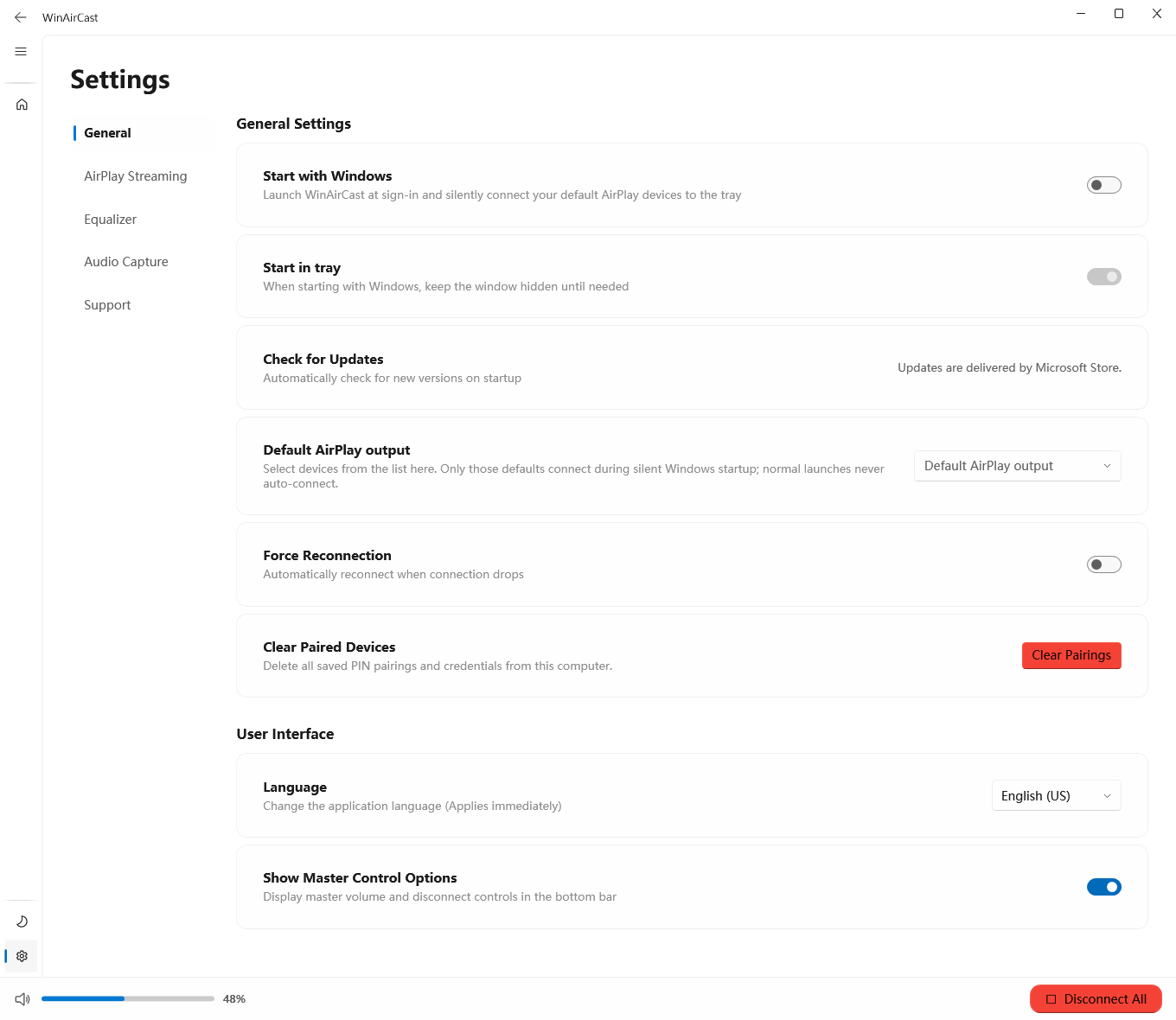 WinAirCast general settings