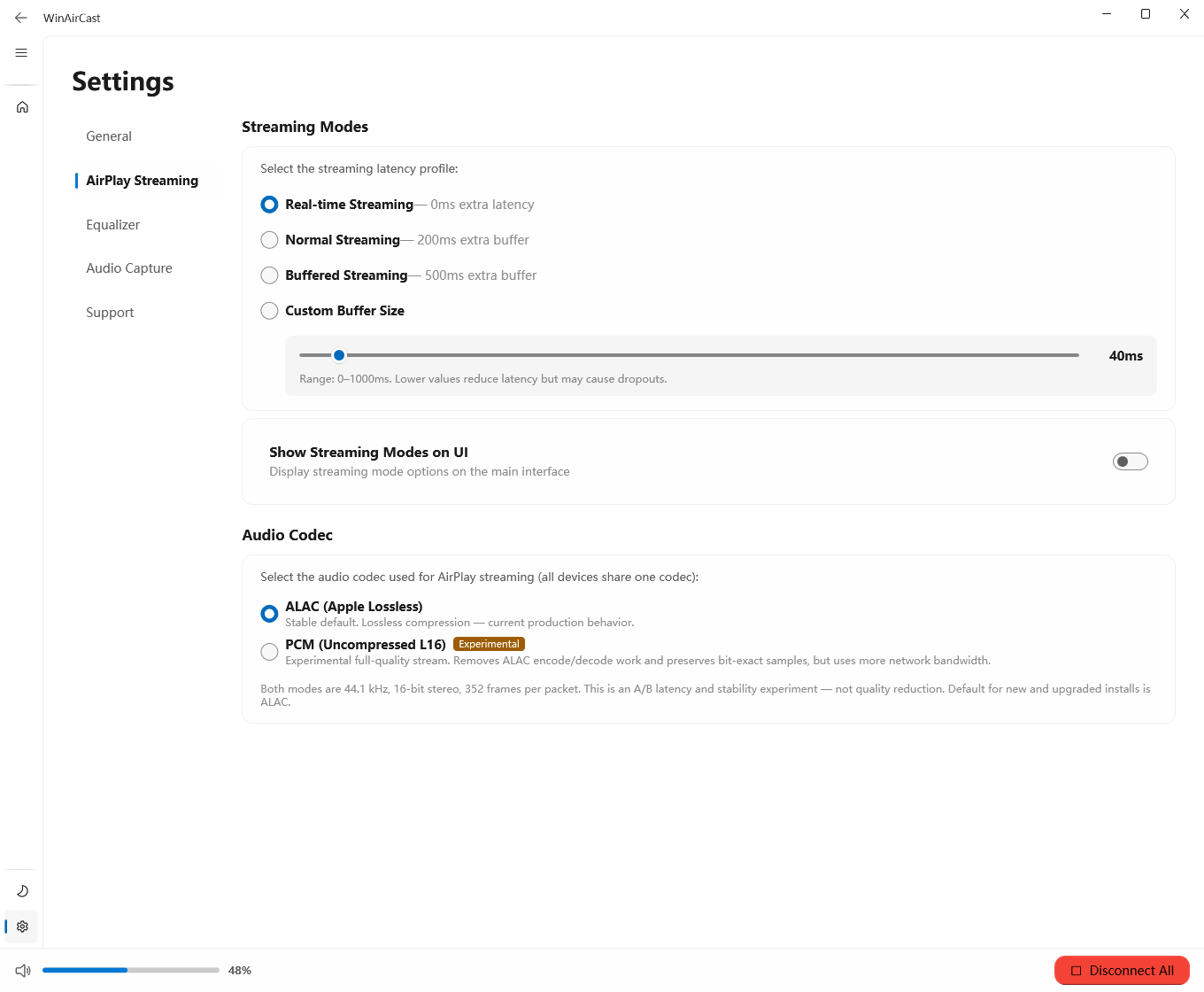 WinAirCast AirPlay streaming settings